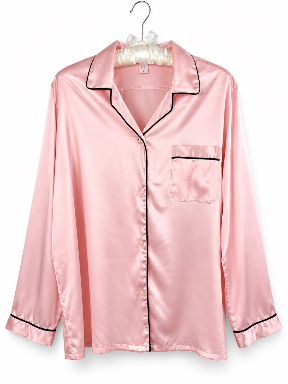 Vintage Y2K Victoria’s Secret Angels Pink Satin Classic Pajama Set Black Piping